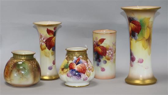 Five Royal Worcester vases painted with autumn leaves and berries, various, H 8cm to 19cm